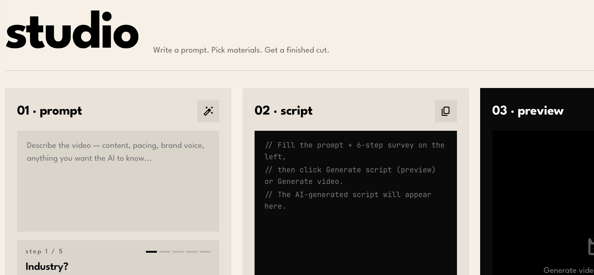 Turbo Lens studio — prompt to script to preview